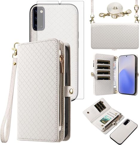Asuwish Phone Case for Samsung Galaxy Note 20 5G Zipper Wallet Detachable Cell Cover with Tempered Glass Screen Protector Crossbody Strap Flip Card Holder Note20 Notes 20s Twenty Not S20 Women White in Saudi Arabia