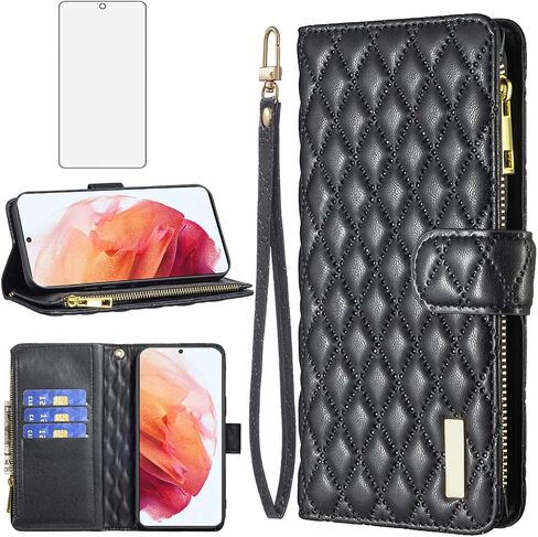 Asuwish Phone Case for Samsung Galaxy S21 Plus S21+ 5G Wallet Cover with Tempered Glass Screen Protector and Flip Card Holder Stand Cell Accessories S21+5G S21plus 21S + S 21 21+ G5 Women Girls Black in Saudi Arabia