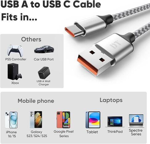 20 Ft USB C Cable, Long USB A 2.0 to Type C 12W Fast Charging Cord Compatible with Xbox PS5 Controller, Phone of iPhone 16/15 Galaxy S24/S25 Ultra A14/15/16 LG Pixel, Tablet, Silver Nylon Braided in Saudi Arabia