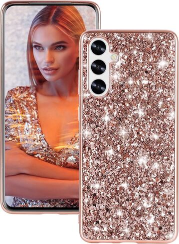 علبة السيليكون لـ Samsung Galaxy A55 5G Case Glitter Parkle Bling ، حالة خلفية هجينة غير مريحة ، تغطية وقائية عالية التأثير على صدمة Samsung A55 للنساء 6.6 "(الذهب الوردي) in Kuwait