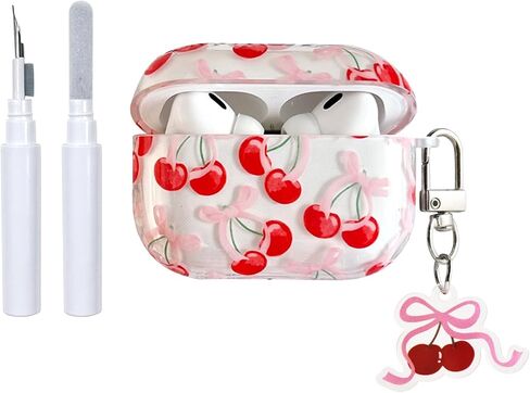Compatible for Airpods Pro 2 Case (2022)/ Airpods Pro 1st Generation(2019) Case Soft TPU with Cleaner Kit Cute Cherry Bow Design Shockproof Cherry Bow Keychain Cover for Girls Woman-Red in Saudi Arabia