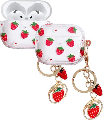 Case Compatiable for AirPods 4 2024 Generation,Cute Pattern Soft TPU Clear Protective Cover Case with Keychain and Carabiner for Girls Women for AirPods 4th (Red Strawberry 1) in Saudi Arabia