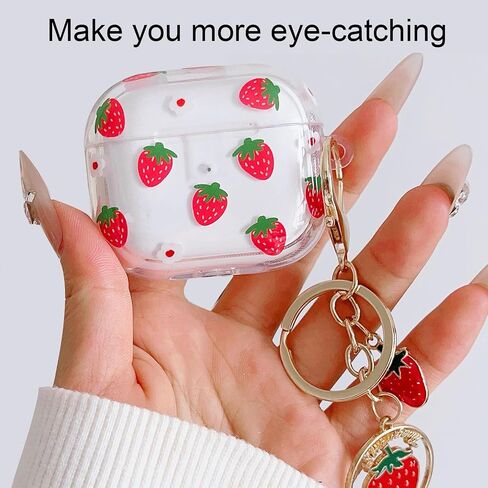 Case Compatiable for AirPods 4 2024 Generation,Cute Pattern Soft TPU Clear Protective Cover Case with Keychain and Carabiner for Girls Women for AirPods 4th (Red Strawberry 1) in Saudi Arabia