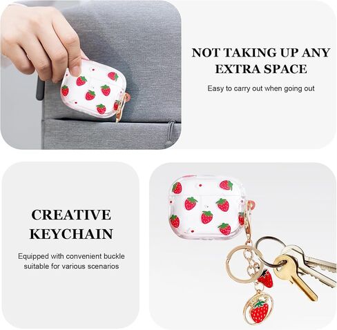 Case Compatiable for AirPods 4 2024 Generation,Cute Pattern Soft TPU Clear Protective Cover Case with Keychain and Carabiner for Girls Women for AirPods 4th (Red Strawberry 1) in Saudi Arabia