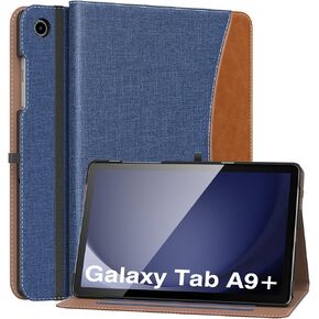 MoKo Case for Samsung Galaxy Tab A9 Plus 11" 2023 (SM-X210/SM-X216/SM-X218), PU Leather Multi-Angle Viewing Folding Stand Cover Case with Hand Strap, Front Pocket, Auto Wake/Sleep, Denim Blue & Brown