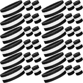 Eurzom 36 Pcs Striped Sweatband Set Include 12 Pcs Sweat Absorbing Neon Headbands and 24 Pcs 80s Athletic Cotton Wristbands for Men Women Sports Gym