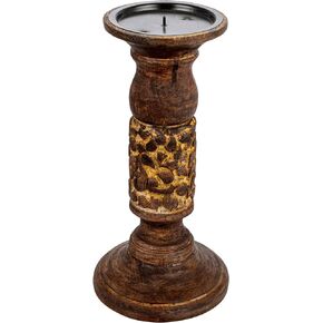 Bloomingville Carved Wood, Natural Pillar Candle Holder, Brown