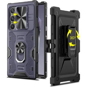 Caka for Samsung Galaxy S25 Ultra Case with Belt Clip Holster Slide Camera Cover Built-in 360° Rotate Ring Holder Stand Heavy Duty Shockproof Protective S25 Ultra Case 2025, Black