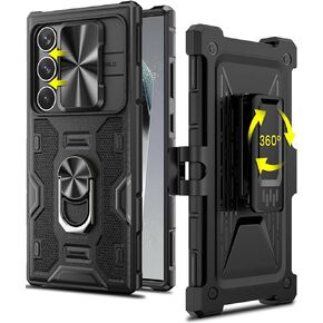 Caka for Samsung Galaxy S25 Ultra Case with Belt Clip Holster Slide Camera Cover Built-in 360° Rotate Ring Holder Stand Heavy Duty Shockproof Protective S25 Ultra Case 2025, Black