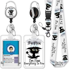 Retractable Badge Holders with Lanyard, I'm Fine" Funny ID Badge Holder with Reel Clip, Detachable Lanyard Strap Hard Vertical Card Protector for Office Work Employee
