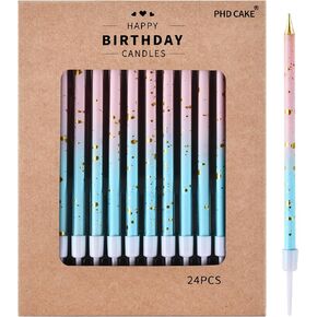 PHD CAKE 24-Count Pink Blue Gold Long Thin Birthday Candles, Cake Candles, Birthday Parties, Wedding Decorations, Party Candles