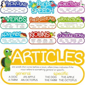 Juvale 10 Pieces Parts of Speech Posters - Jumbo Bulletin Board Teacher Supplies, Grammar Decorations for Elementary Classroom, Homeschooling, Speech Therapy (16 x 7.5 in)