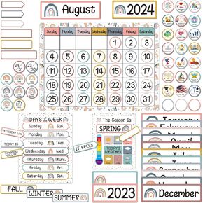 Boho Rainbow Calendar Bulletin Board Set with Seasons, Festival, Weather and Days of The Week for Classroom Home Decoration Supplies