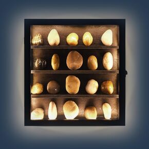 حافظة عرض روك مع ضوء LED، حامل كريستال لعرض الأحجار، صندوق تخزين أحجار كريمة كريستال، عرض مجموعة الصخور، صندوق ظلال عرض كريستال مثبت على الحائط، إطار خشبي in Kuwait