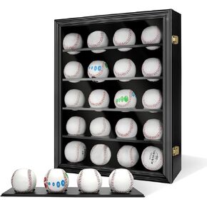 Baseball Display Case Holder for 20 Balls with Solid Wood Lockable Baseball Shadow Box with UV Protected Glass Door Wall Mount Baseball Storage Box Cabinet Rack