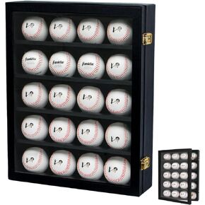 JackCubeDesign 20 Baseball Display Case Wall Mount Leather Cabinet Wood Shelf Sports Storage Acrylic Cover Rack with Protection 2 Knob(Black, 14.2 x 3.9 x 18 inches) – :MK104C