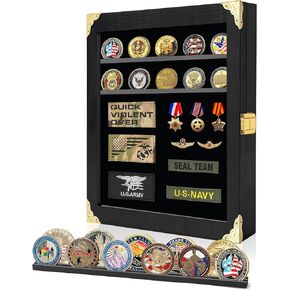 حافظة عرض العملات المعدنية من Military Challenge مع باب أكريليك - 5 صفوف علبة عرض ميدالية خزانة رف صندوق الظل مع 4 أرفف أخاديد قابلة للإزالة حامل عملات معدنية لرقائق البوكر لهواة الجمع