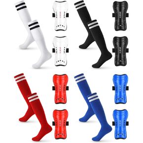 4 Pairs Soccer Shin Guards 4 Pairs Soccer Socks Child Calf Protective Gear Football Equipment for 7-13 Years Old Girls Boys Toddler Kids Teenagers, Red White Blue Black