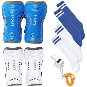 2 Pair Kids Soccer Football Shin Guards Protector Calf Knee Protective Gear and 2 Pair Long Sleeve Socks with a Professional Referee Whistle for 3-13 Teenagers, Boys, Girls,Kids,Youth