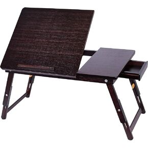Bamboo Lap Tray with Adjustable Tilt Surface | Wooden with Folding Legs and Pullout Drawer | Fits Laptops Up to 15" | Walnut Brown | Foldable Serving Bed Tray | Computer Lap Tray