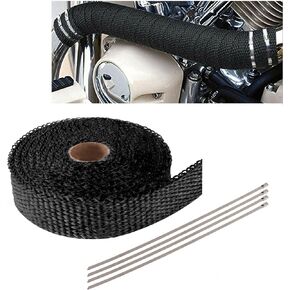 16Ft Motorcycle Exhaust Wrap Heat Shield with 4PCS Stainless Ties,Excellent Exhaust Tape for Car Motorcycle Exhaust Pipe,Fiberglass Heat Shield Tape Effectively Protecting the Car Brake line(Black)
