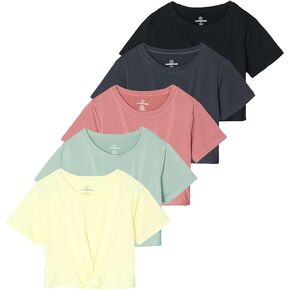 5 Pack: Women's Short Sleeve Twist Front Crop Top Dry-Fit Athletic Crew Neck T-Shirt (Available in Plus)