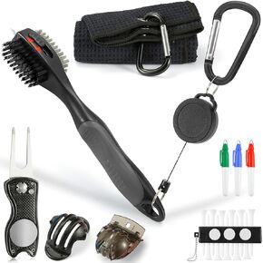 sprookber Golf Accessories Set - PRO Retractable Golf Club Brush, Microfiber Waffle Pattern Golf Towel, Golf Divot Repair Tool, Golf Ball Marker - Golf Club Cleaning Kit, Golf Accessories for Men