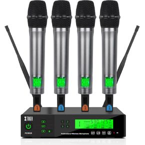 نظام ميكروفون لاسلكي XTUGA M400 ذو 4 قنوات UHF مع تردد قابل للاختيار 200، ميكروفون لاسلكي 4 ميكروفون محمول مع وظيفة الأشعة تحت الحمراء/شاشة القفل، هيكل معدني 328 قدم للكنيسة، والحفلات، والمناسبات الخارجية in Kuwait