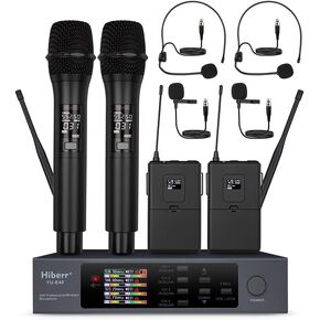 Wireless Microphone System, 4 Channels Adjustable UHF Wireless Microphone Metal Shell Vocal Wireless Mic for Church, Party, Singing, SpeechYU-E40HB Cordless Microphone