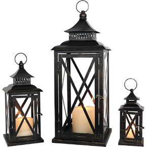 DECORKEY 3Pack Lanterns Decorative Outdoor & Indoor, Large Square Lanterns Decorative for Front Porch, Metal Frame Candle Holders with Glass, Vintage Patio, Pathway, Balcony, Garden, Yard Decor