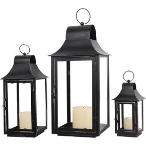 DECORKEY 3Pack Lanterns Decorative Outdoor & Indoor, Large Square Lanterns Decorative for Front Porch, Metal Frame Candle Holders with Glass, Vintage Patio, Pathway, Balcony, Garden, Yard Decor