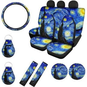 مجموعة إكسسوارات السيارة الداخلية من WELLFLYHOM للرجال والنساء، طباعة Van Gogh Starry Night، أغطية مقاعد السيارة الأمامية والخلفية + أغطية عجلة القيادة + غطاء حزام الأمان + حامل أكواب + سلاسل مفاتيح تلقائية in Kuwait