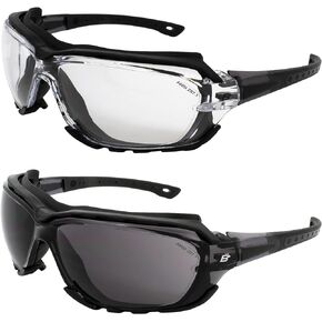 2 Pairs of Birdz Eyewear Gasket Safety Padded Motorcycle Sport Sunglasses Black Grey Frame with Smoke & Clear Lenses