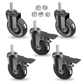 3" Caster Wheels Set of 5(3 with Safety Dual Brake,2 Without),Heavy Duty Swivel Castors w 3/8"-16UNC Threaded Stem, No Noise Rubber Wheels,Safe for HardWwood,Carpet,Fit Chair,Workench,Shelf