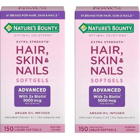 Nature's Bounty Hair, Skin & Nails Rapid Release Softgels, Argan-Infused Vitamin Supplement with Biotin and Hyaluronic Acid, Supports Hair, Skin, and Nail Health for Women, 150 Count (Pack of 2) in Saudi Arabia