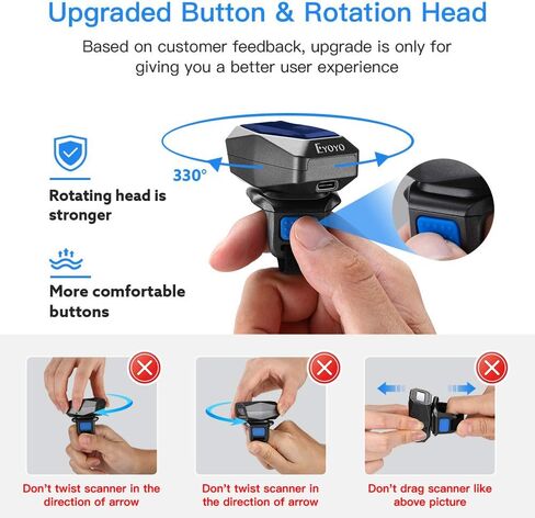 Eyoyo Upgraded 2D Ring Barcode Scanner Bluetooth, USB Wired & 2.4G Wireless & Bluetooth Mini Wearable Bar code Scanner, 1D 2D QR Image Barcode Reader PDF417 Data Matrix for iPhone, Andriod, Tablet, PC in Saudi Arabia