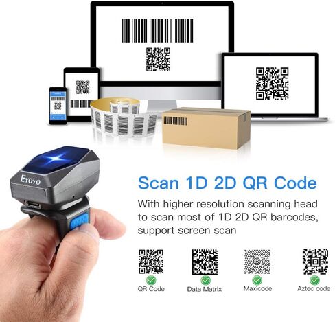 Eyoyo Upgraded 2D Ring Barcode Scanner Bluetooth, USB Wired & 2.4G Wireless & Bluetooth Mini Wearable Bar code Scanner, 1D 2D QR Image Barcode Reader PDF417 Data Matrix for iPhone, Andriod, Tablet, PC in Saudi Arabia