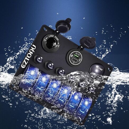 6Gang Marine Boat Toggle Rocker Switch Panel Blue Waterproof, Overload Protector 12-24V LED Digital Voltmeter, Dual USB Charger Cigarette Lighter Socket for RV, Boat, UTV, Truck, Trailer, Yacht in Saudi Arabia
