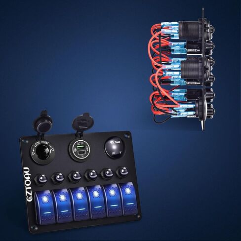6Gang Marine Boat Toggle Rocker Switch Panel Blue Waterproof, Overload Protector 12-24V LED Digital Voltmeter, Dual USB Charger Cigarette Lighter Socket for RV, Boat, UTV, Truck, Trailer, Yacht in Saudi Arabia