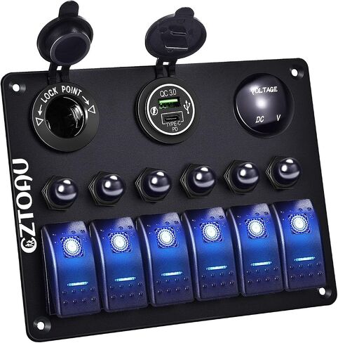 6Gang Marine Boat Toggle Rocker Switch Panel Blue Waterproof, Overload Protector 12-24V LED Digital Voltmeter, Dual USB Charger Cigarette Lighter Socket for RV, Boat, UTV, Truck, Trailer, Yacht in Saudi Arabia