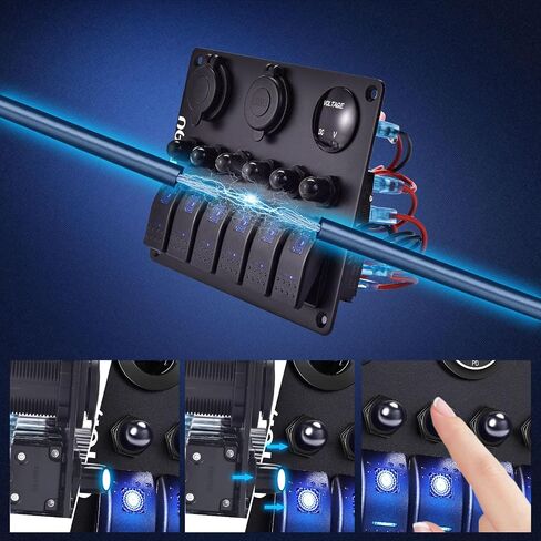 6Gang Marine Boat Toggle Rocker Switch Panel Blue Waterproof, Overload Protector 12-24V LED Digital Voltmeter, Dual USB Charger Cigarette Lighter Socket for RV, Boat, UTV, Truck, Trailer, Yacht in Saudi Arabia