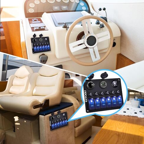 6Gang Marine Boat Toggle Rocker Switch Panel Blue Waterproof, Overload Protector 12-24V LED Digital Voltmeter, Dual USB Charger Cigarette Lighter Socket for RV, Boat, UTV, Truck, Trailer, Yacht in Saudi Arabia