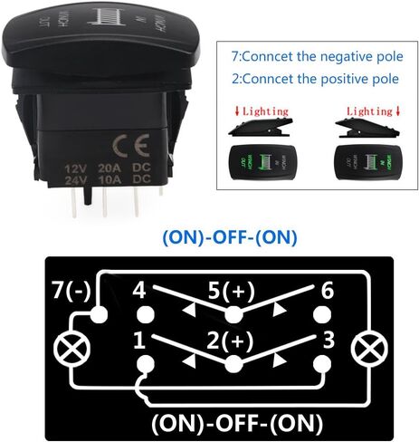WATERWICH 7 دبوس ونش مؤقت في الخارج مفتاح تبديل الروك مقاوم للماء DC 20A 12V / 10A 24V غلاف أسود / ON-Off-ON DPDT مفتاح هزاز مضيء للسيارات والقوارب البحرية (أخضر) in Saudi Arabia