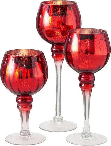 Spectacular Cape Cod Long Stem Goblet Candle Holders, Set of 3, Red with Silver, Clear Risers, Lacquered Glass, 11.75, 9.75 and 7 Inches Tall in Saudi Arabia