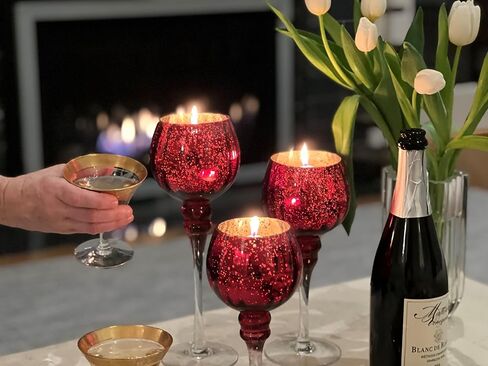 Spectacular Cape Cod Long Stem Goblet Candle Holders, Set of 3, Red with Silver, Clear Risers, Lacquered Glass, 11.75, 9.75 and 7 Inches Tall in Saudi Arabia