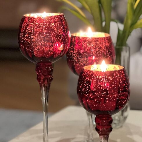 Spectacular Cape Cod Long Stem Goblet Candle Holders, Set of 3, Red with Silver, Clear Risers, Lacquered Glass, 11.75, 9.75 and 7 Inches Tall in Saudi Arabia