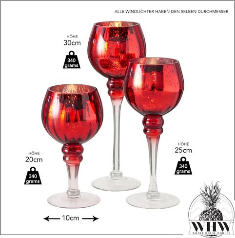 Spectacular Cape Cod Long Stem Goblet Candle Holders, Set of 3, Red with Silver, Clear Risers, Lacquered Glass, 11.75, 9.75 and 7 Inches Tall in Saudi Arabia