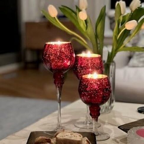 Spectacular Cape Cod Long Stem Goblet Candle Holders, Set of 3, Red with Silver, Clear Risers, Lacquered Glass, 11.75, 9.75 and 7 Inches Tall in Saudi Arabia