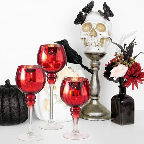 Spectacular Cape Cod Long Stem Goblet Candle Holders, Set of 3, Red with Silver, Clear Risers, Lacquered Glass, 11.75, 9.75 and 7 Inches Tall in Saudi Arabia
