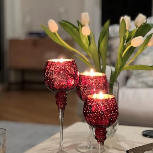 Spectacular Cape Cod Long Stem Goblet Candle Holders, Set of 3, Red with Silver, Clear Risers, Lacquered Glass, 11.75, 9.75 and 7 Inches Tall in Saudi Arabia